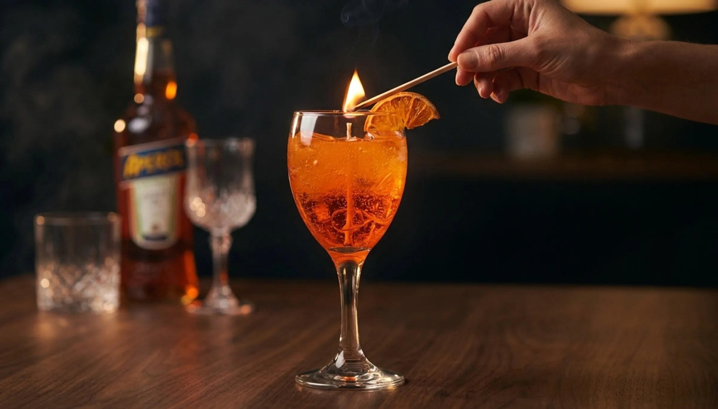 Campaign image: the Aperol Spritz candle being lit on a dark bar counter (AI-assisted setting)