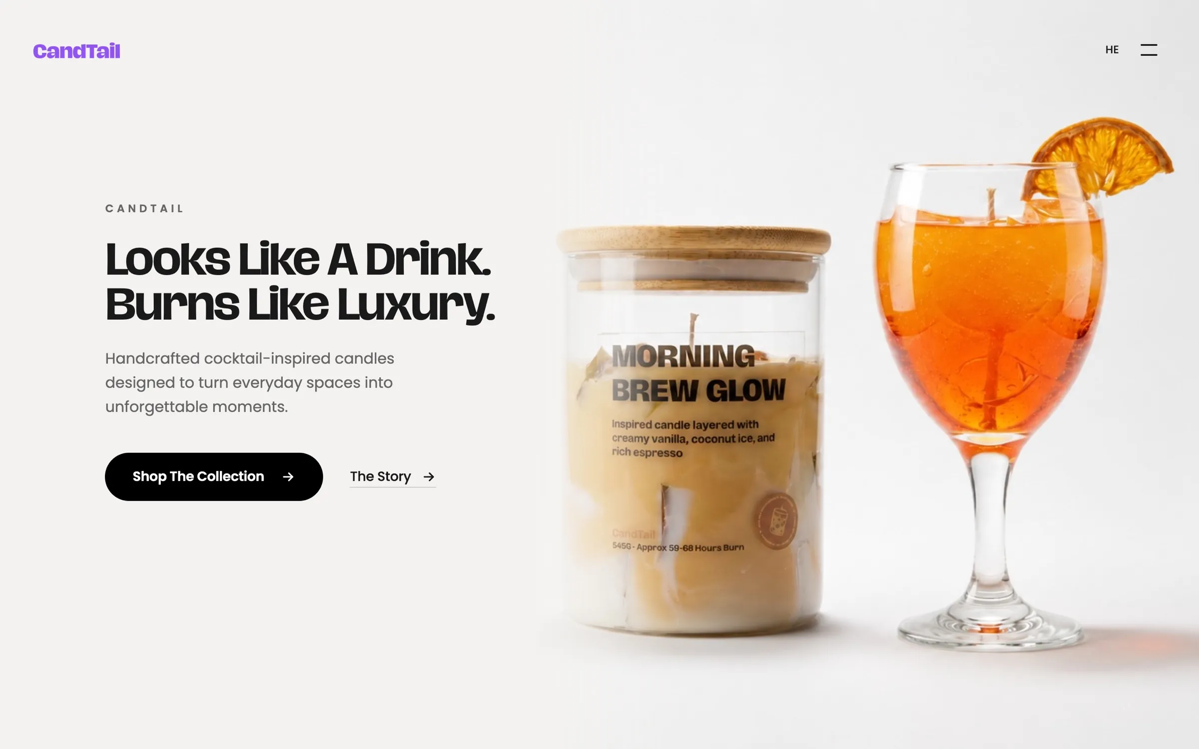 candtail.com home page on desktop: “Looks Like A Drink. Burns Like Luxury.” beside two candles