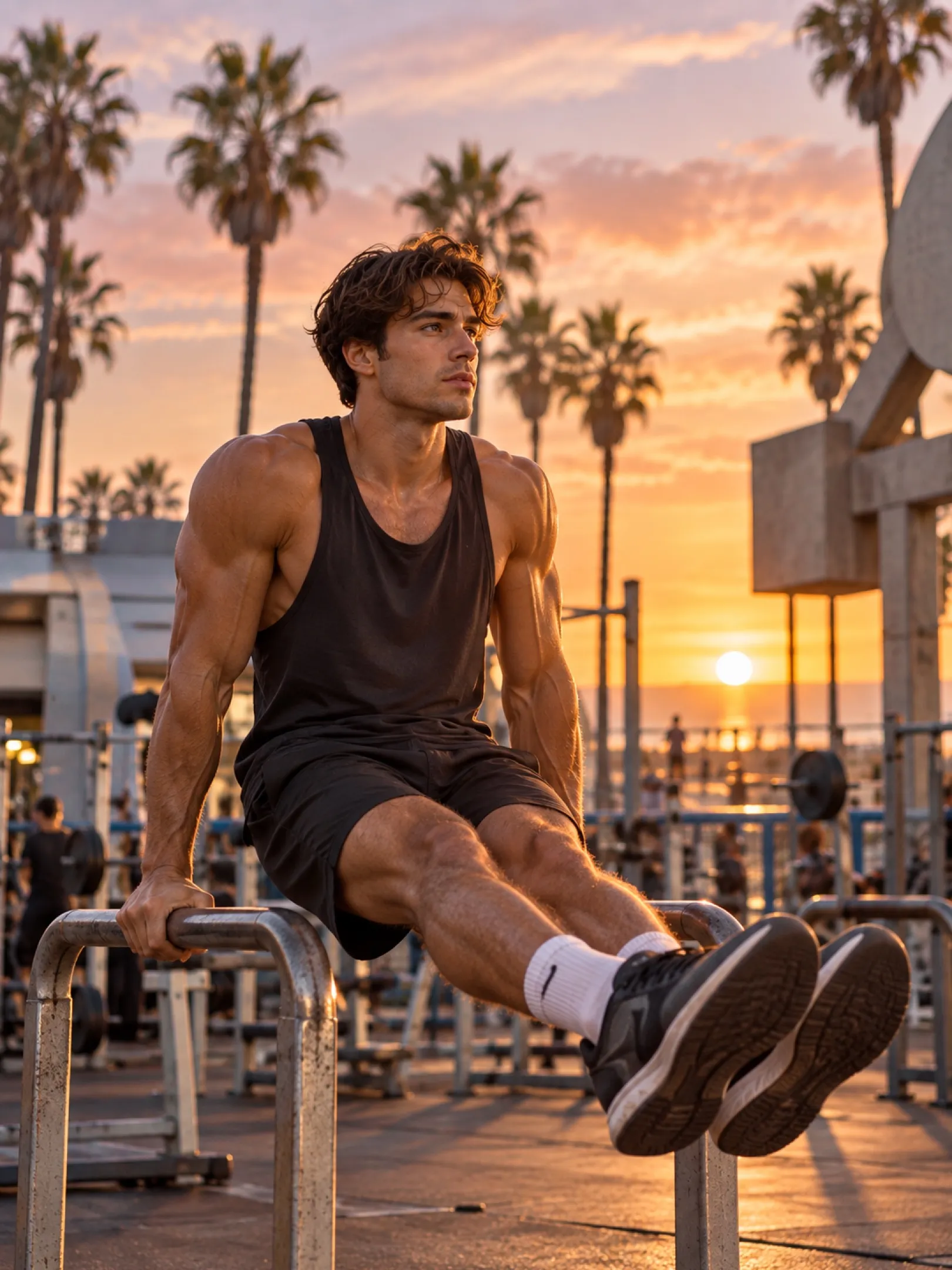 AI-generated campaign image: an athlete holding an L-sit on parallel bars at a beach gym at sunset