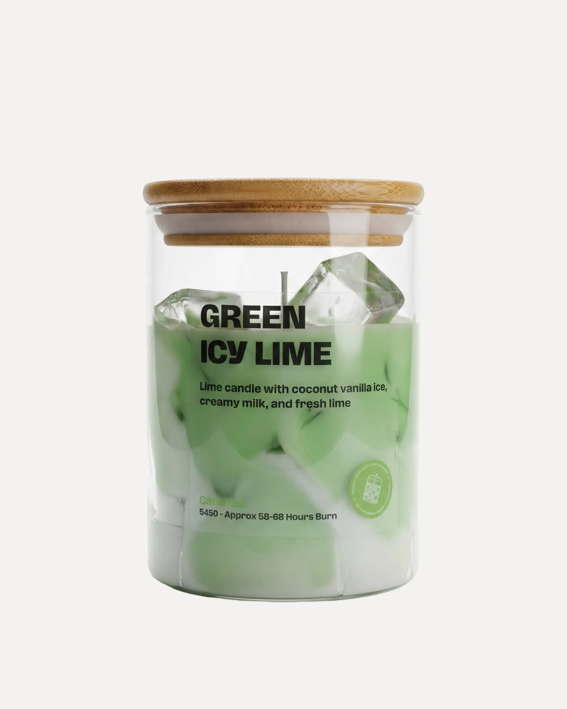 Green Icy Lime candle in a glass jar with a bamboo lid