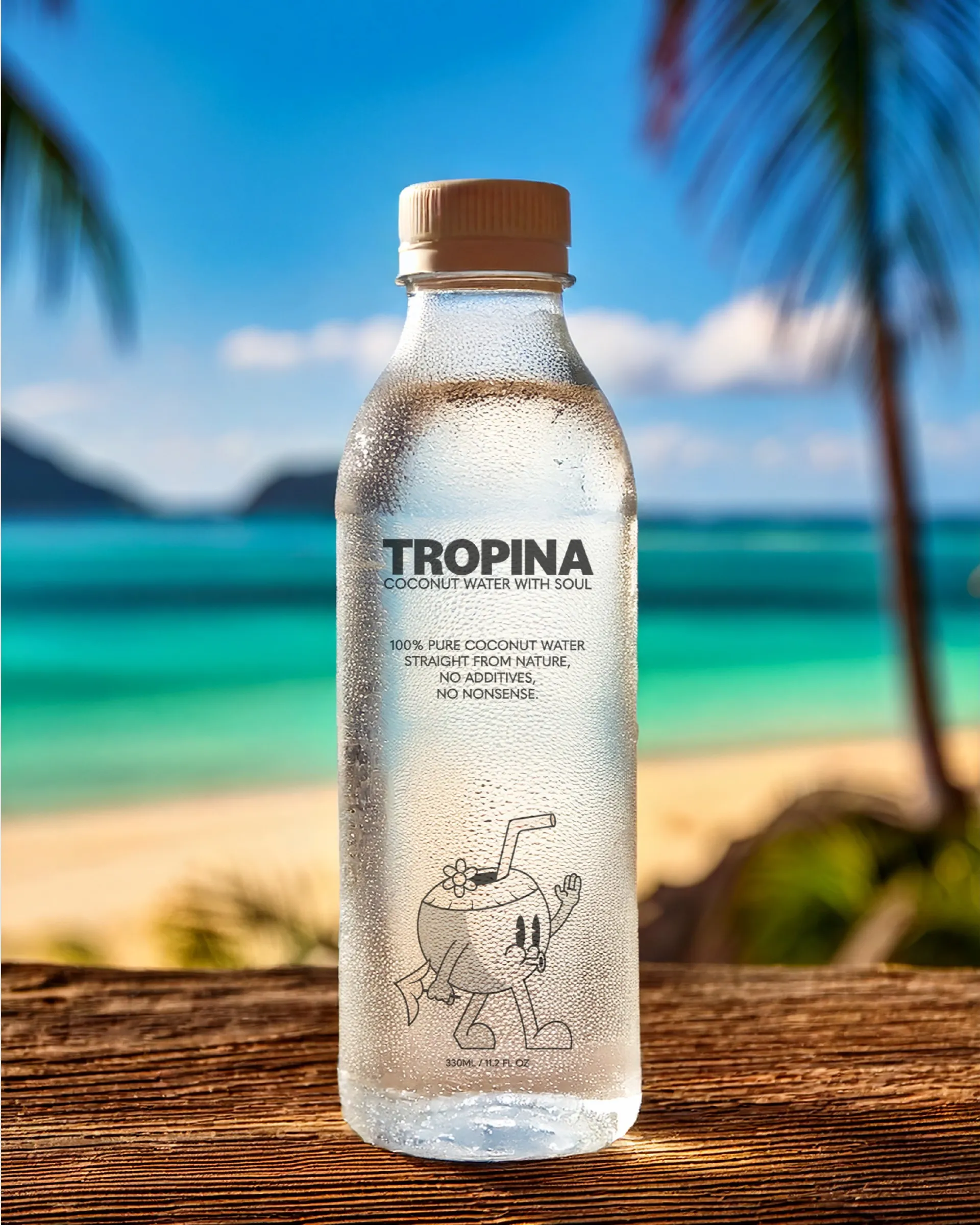 Concept mockup: a Tropina bottle on a wooden surface by a beach (Adobe Firefly scene)