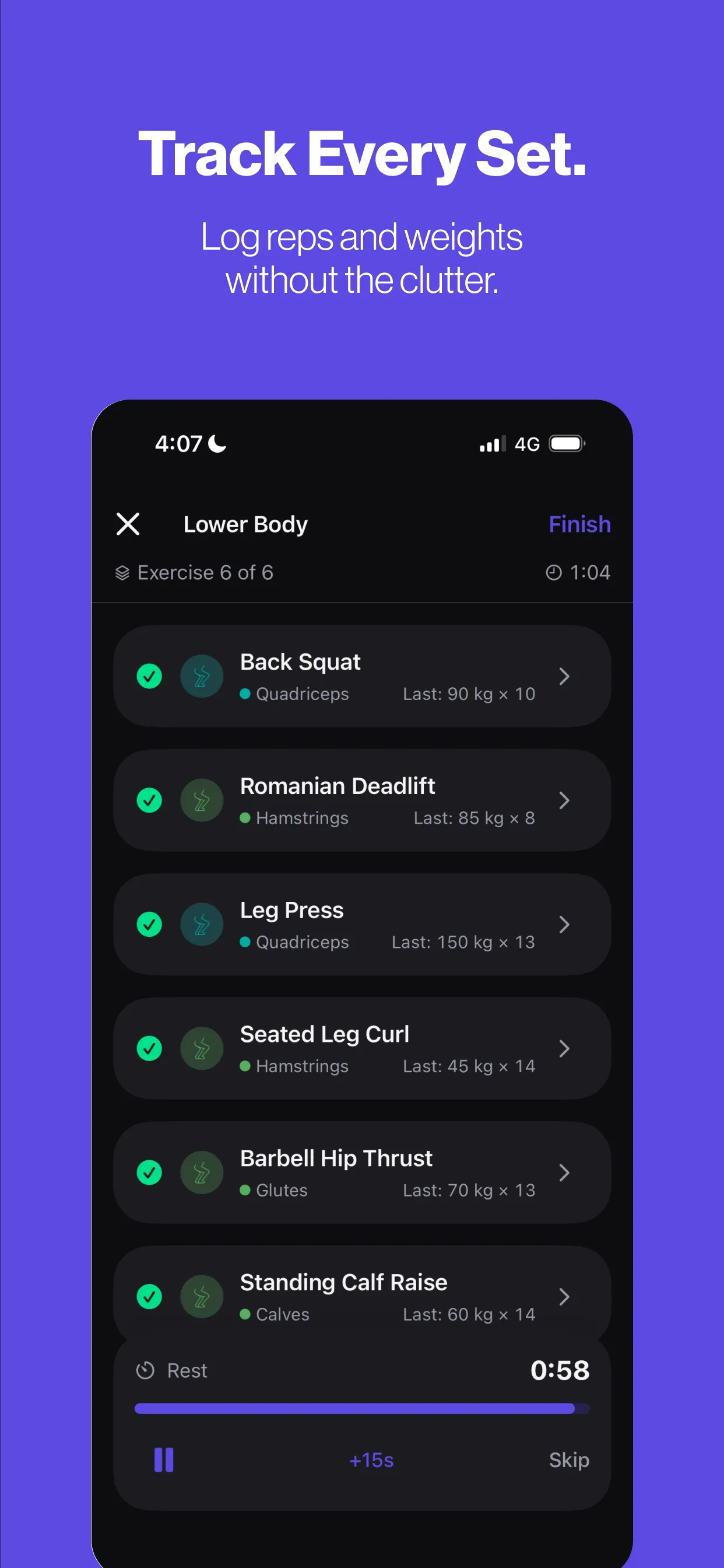 Active workout: exercises with last results, completed sets and the rest timer with +15 and Skip