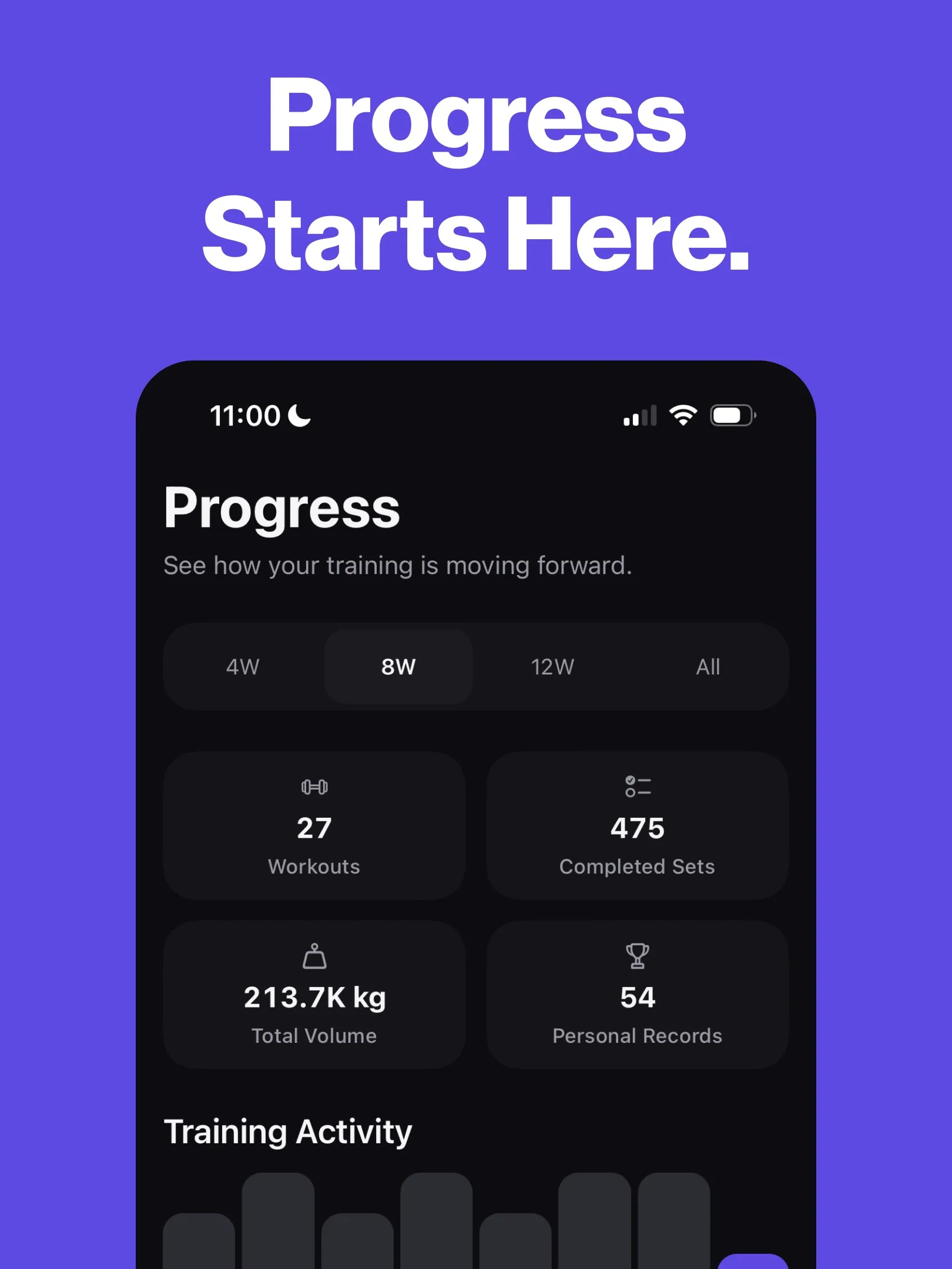“Progress Starts Here.” The GymFlow Progress screen on brand purple