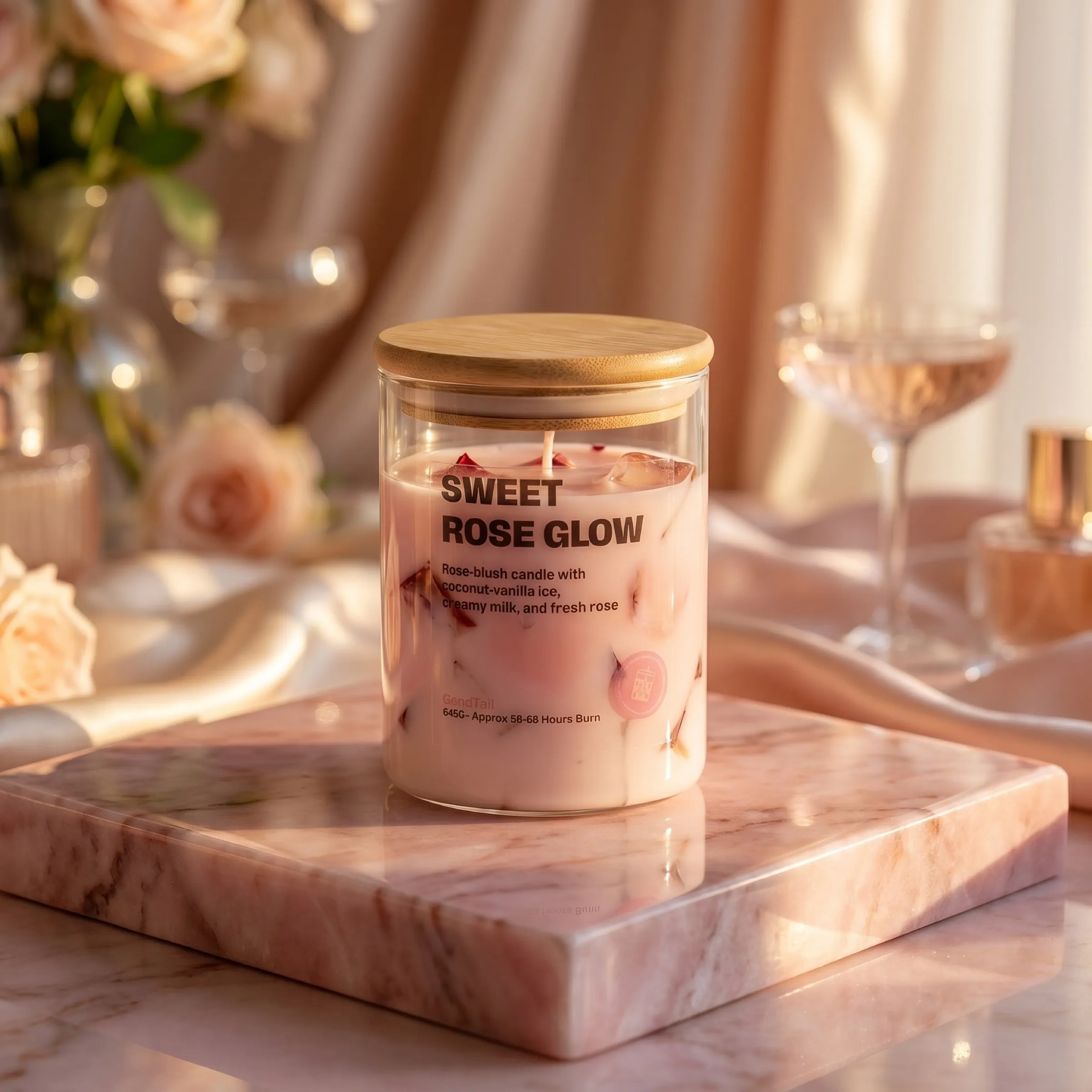 Campaign image: Sweet Rose Glow on blush marble (AI-assisted setting)