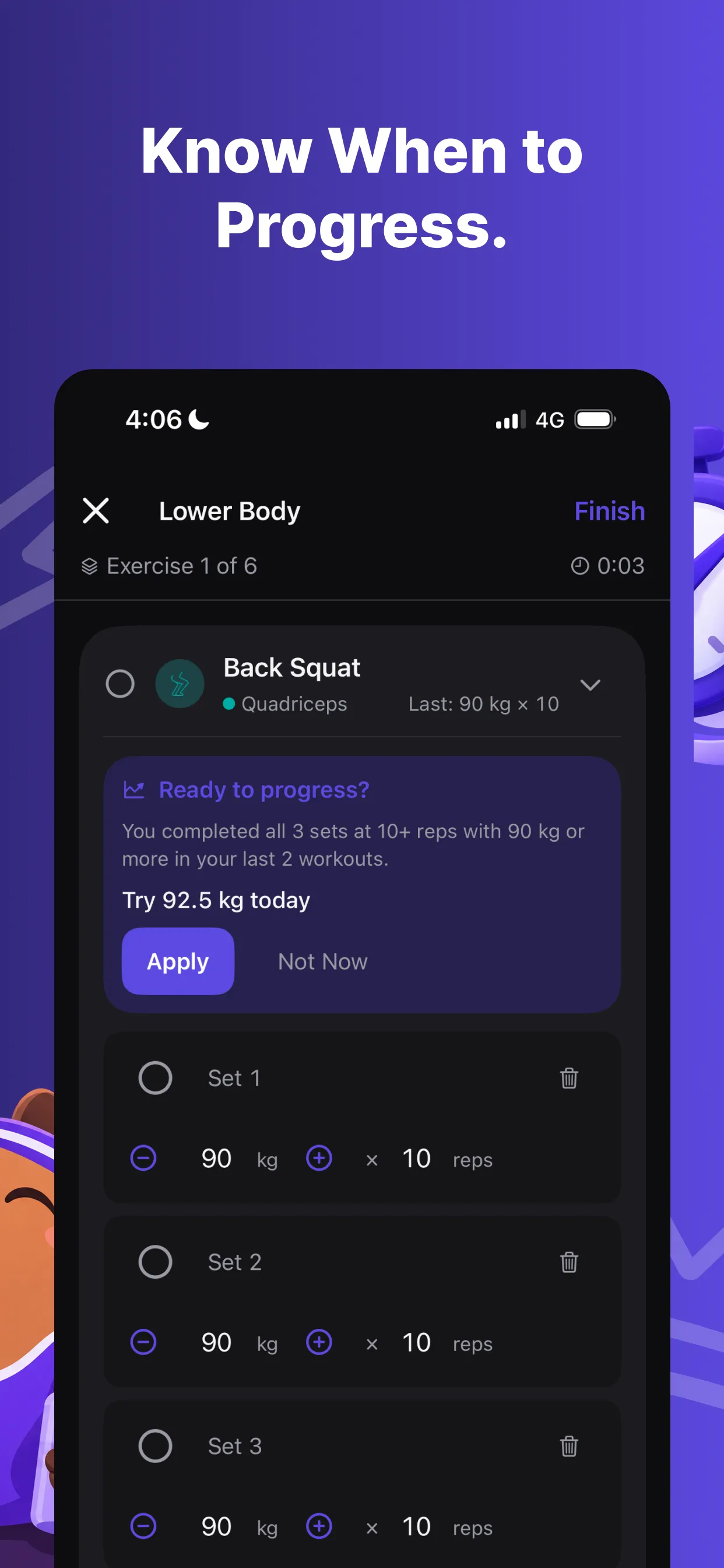Smart Progression card suggesting 92.5 kg after all sets reached 10 reps at 90 kg in the last two workouts