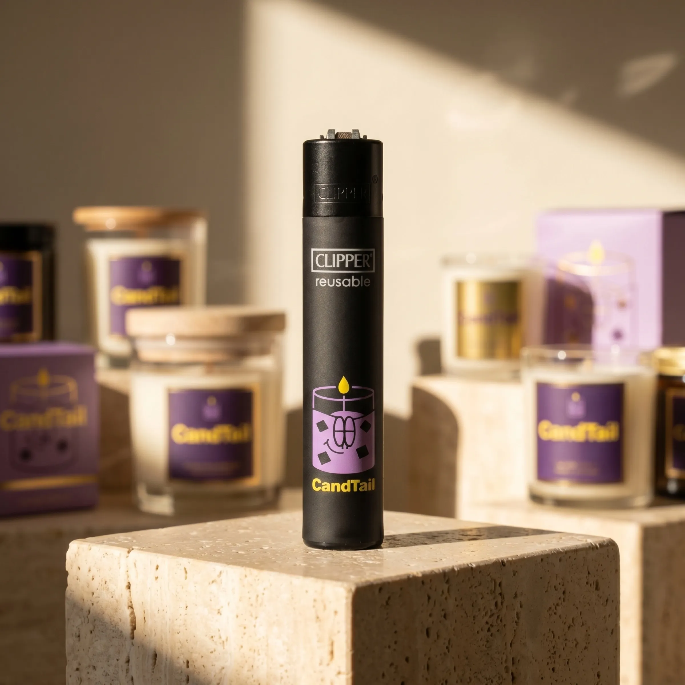 Campaign image: the Candtail lighter beside the candle collection (AI-assisted setting)