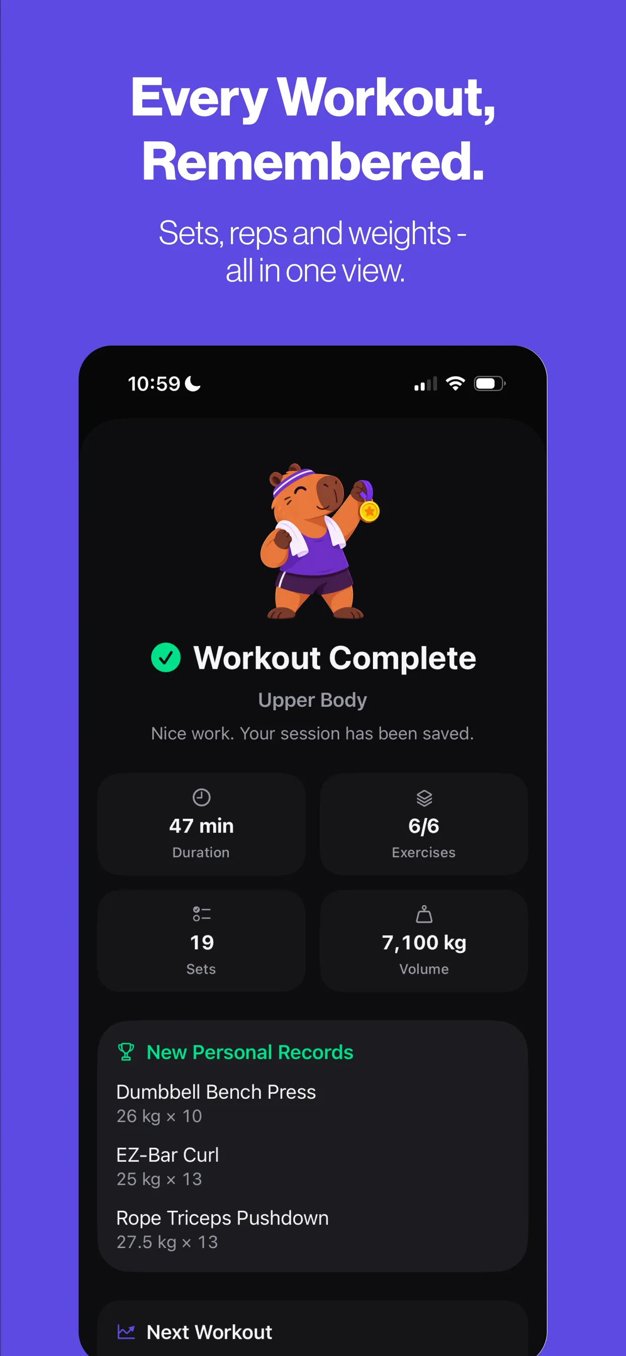 Workout complete: 47 minutes, 6 of 6 exercises, 19 sets, 7,100 kg volume and new personal records