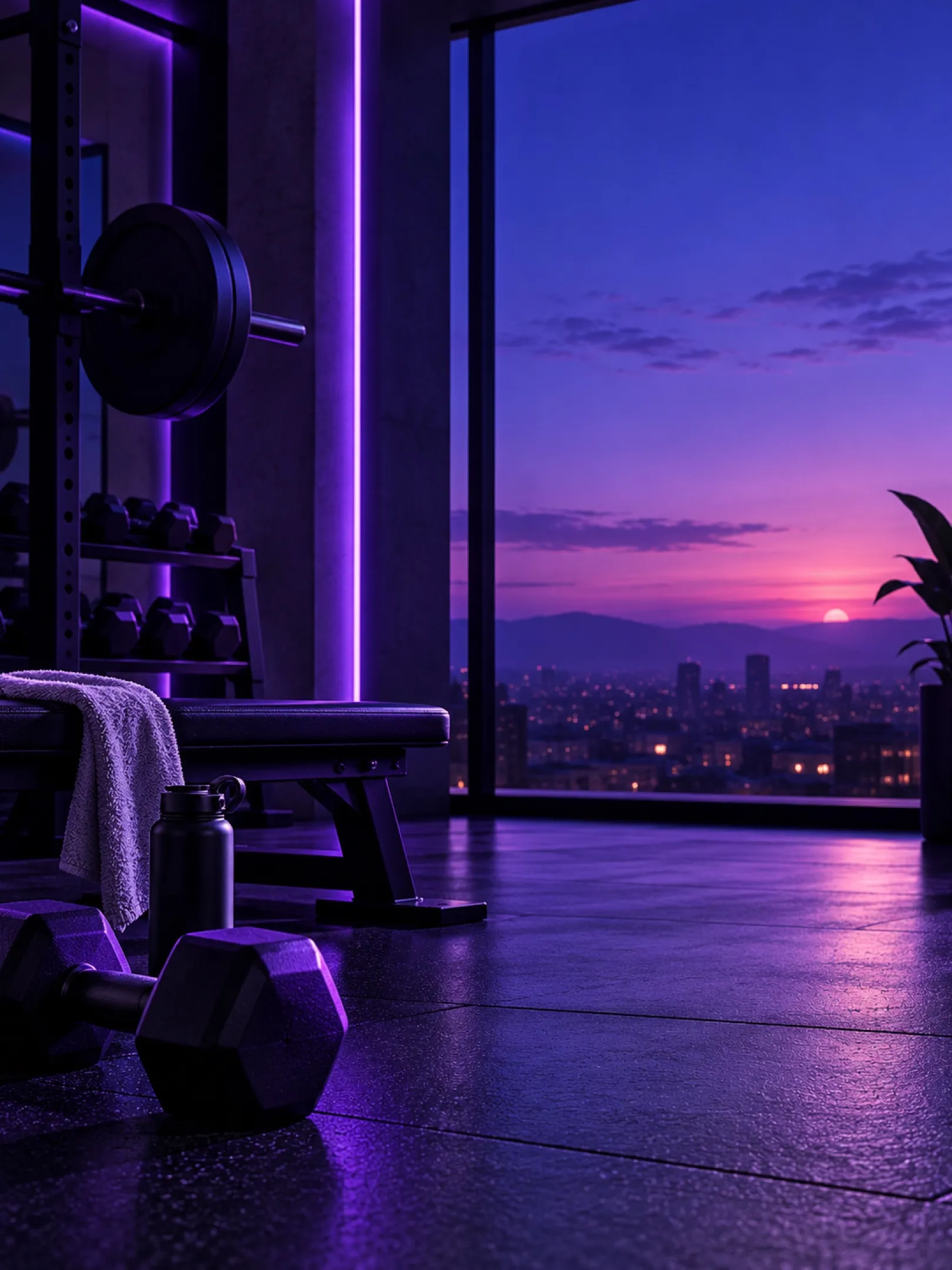 AI-generated campaign image: a dark gym interior with dumbbells and a purple city sunset