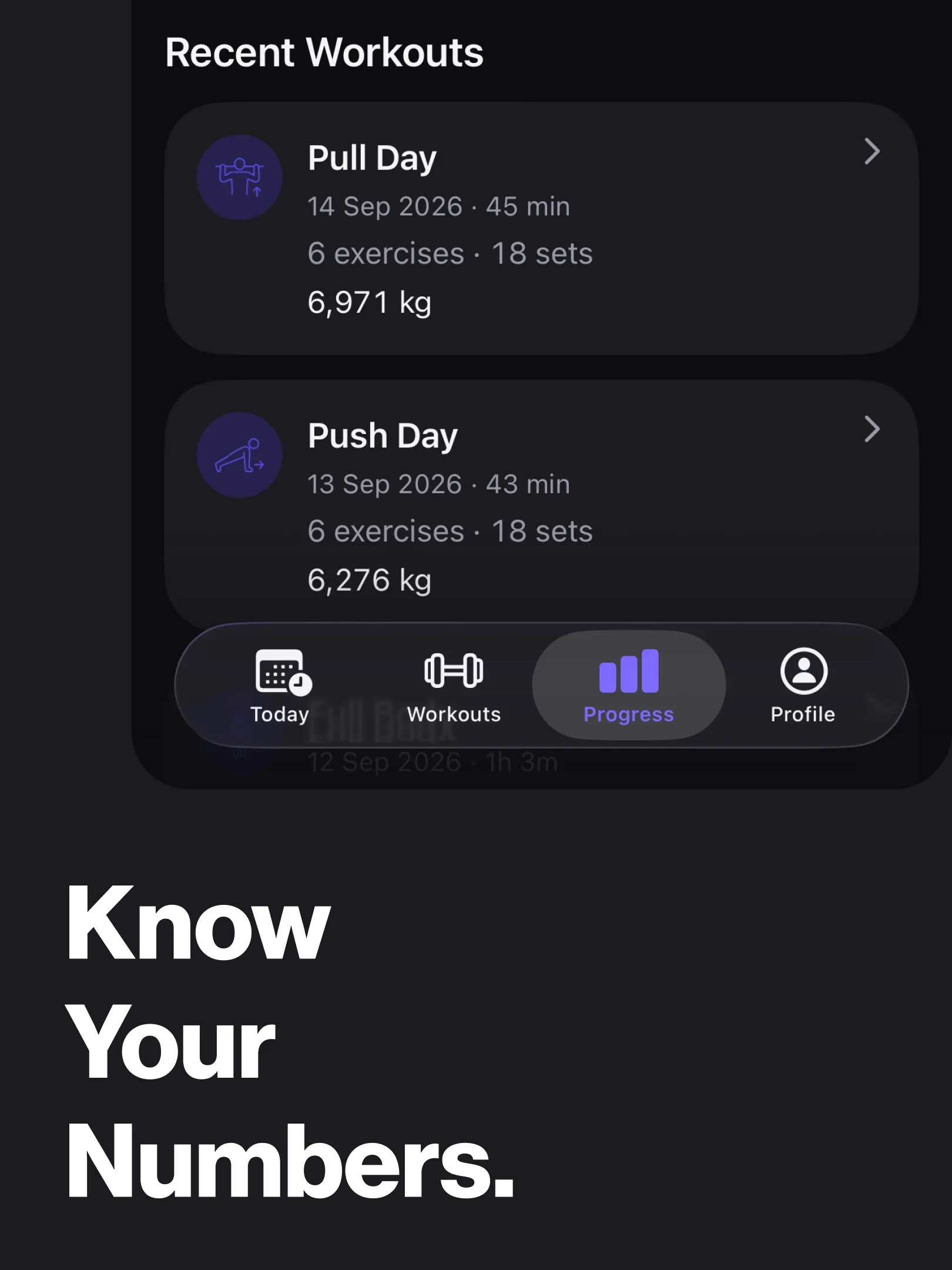 “Know Your Numbers.” Recent workouts card and tab bar on a dark background