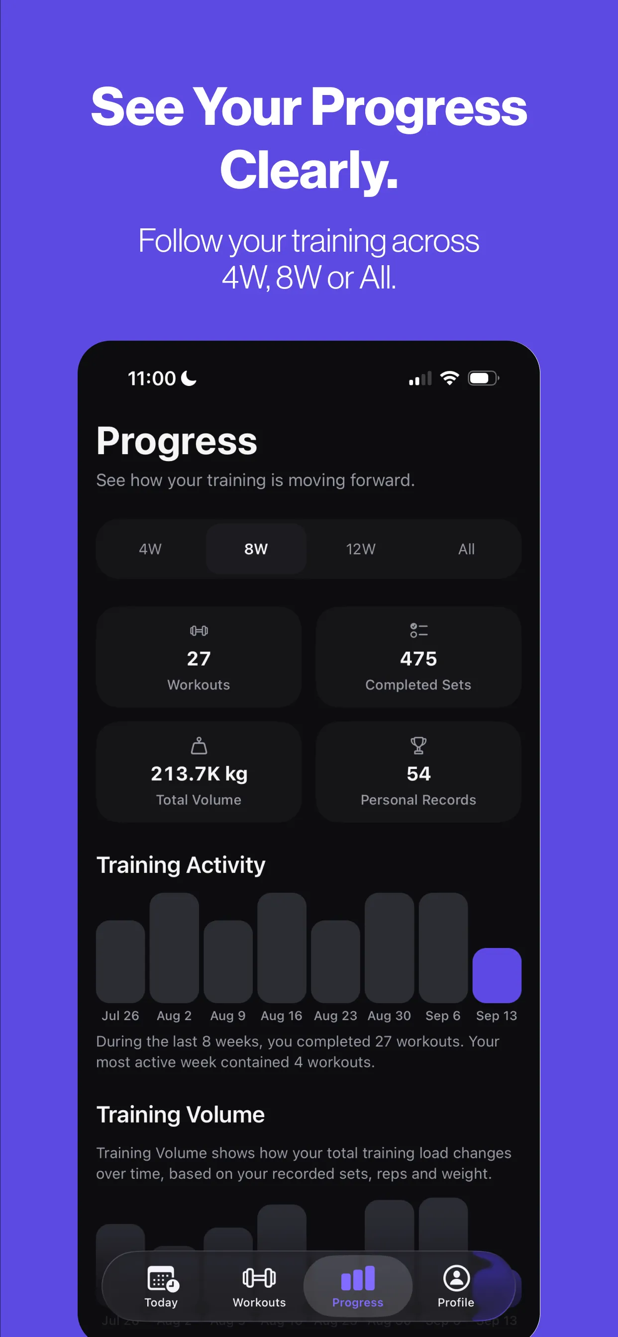 Progress: range picker, workouts, completed sets, total volume, personal records and training activity