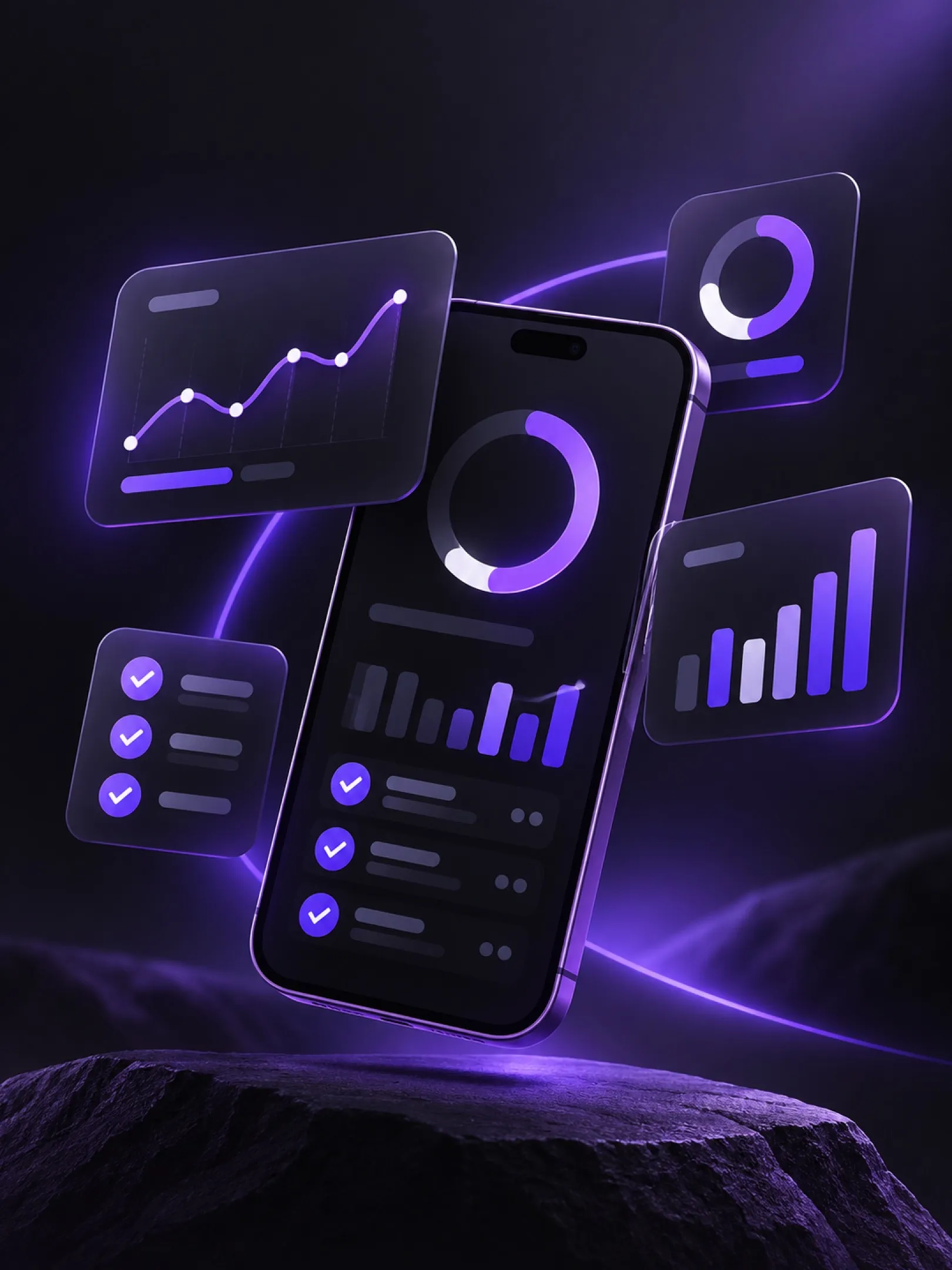 AI-generated campaign image: a phone surrounded by floating progress charts