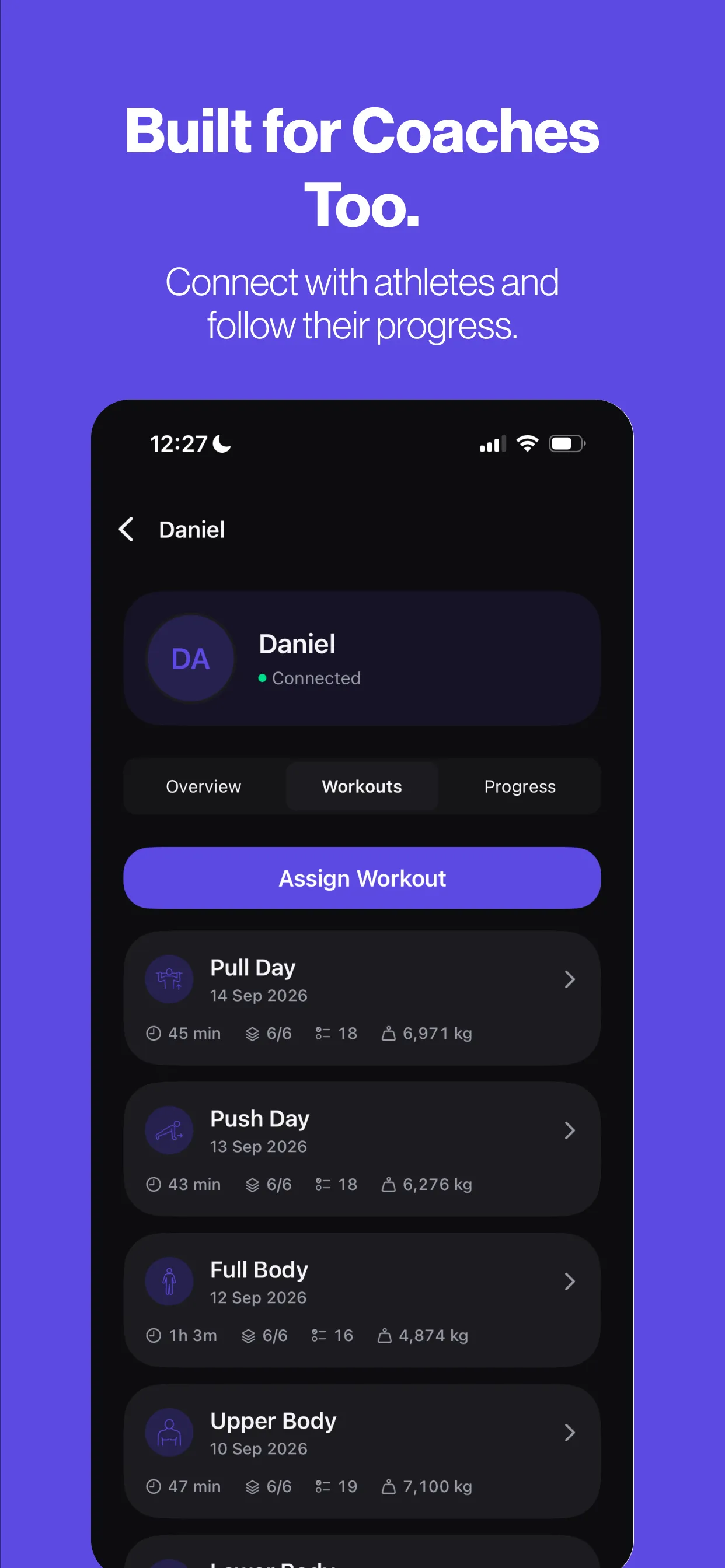 Coach view of a connected athlete with Assign Workout and workout history