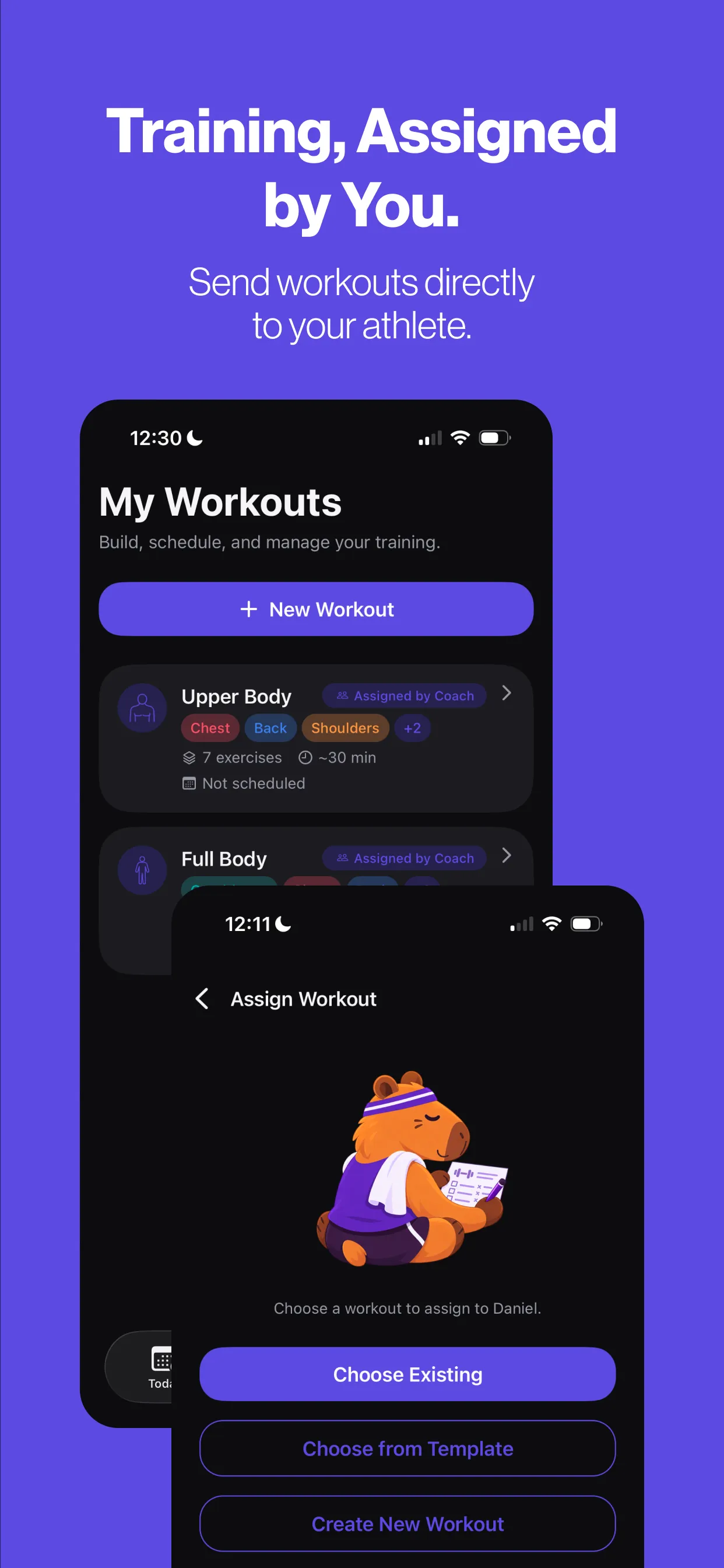 Assigning a workout: choose an existing workout, start from a template or create a new one